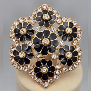 Flower Brooch Vintage JBK Jacqueline Bouvier Kennedy Enamel Black and Gold tone